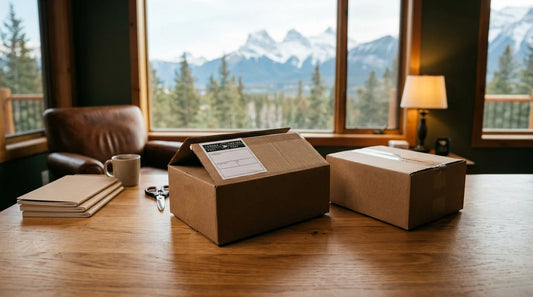 Cardboard shipping boxes on a wooden table in a cabin overlooking the snowy Canadian Backwoods mountains.