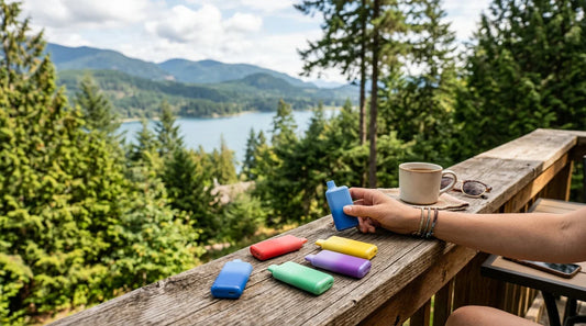 Colorful Elf Bar disposable vapes on a wooden balcony overlooking a scenic Canadian lake and evergreen forest.