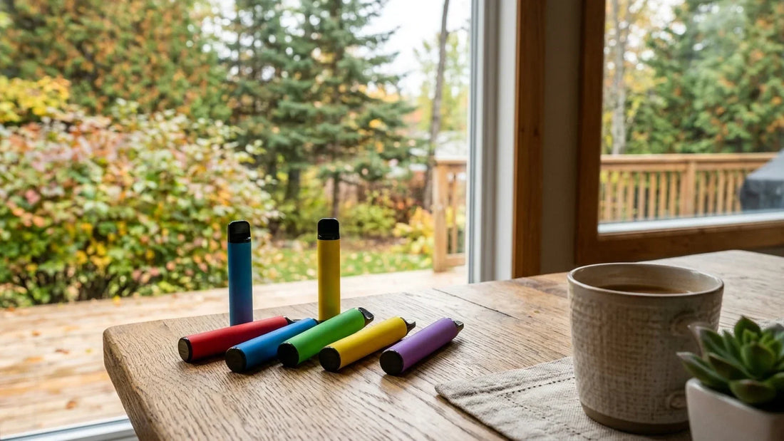 Colourful Flavour Beast disposable vapes lie on a wooden table beside a window and a mug.