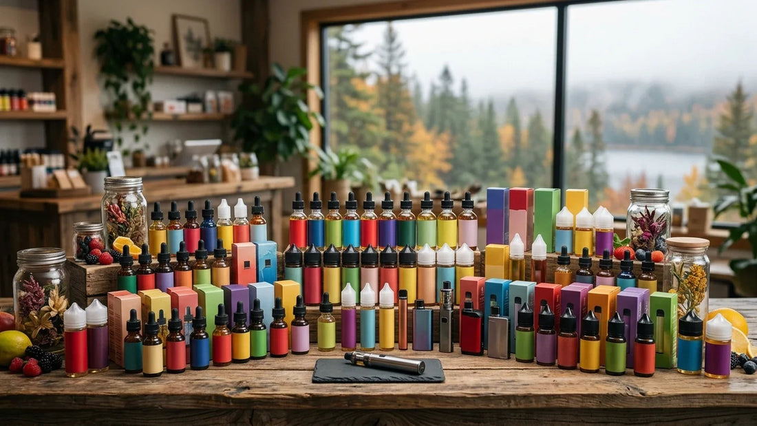 Colourful Fog Formulas vape juice bottles and devices lined up on a wooden table in a vape shop