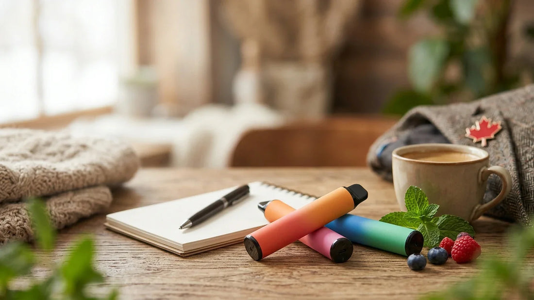 Colorful GCore vapes on a wooden table next to a notebook, fresh berries, and a coffee cup in a cozy indoor setting.
