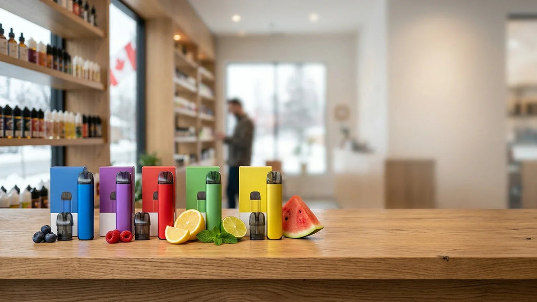 Colorful Mr Fog Nova vapes and fresh fruit on a wooden counter in a Canadian vape shop with a blurred flag background.