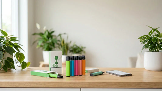 Colourful STLTH Eco Mini disposable vapes lined up for a Canada compact line guide
