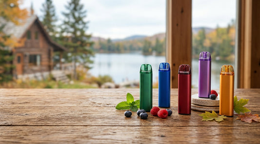 Five colorful STLTH 5K vapes on a wooden table with fresh berries and mint against a scenic Canadian lakeside cabin.