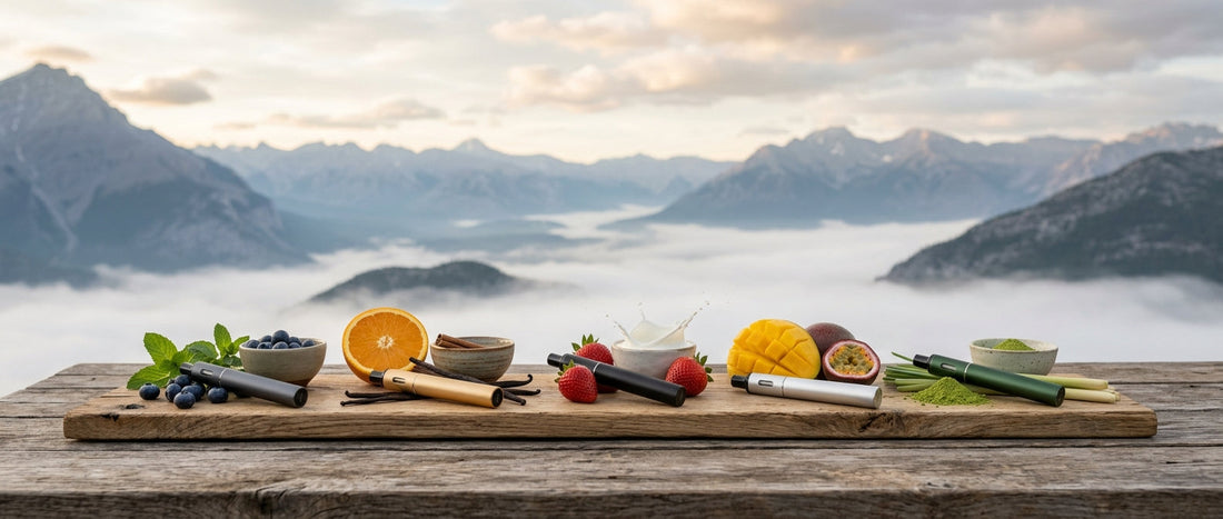 Fog Formulas vapes displayed with fresh fruit and ingredients on a wooden table overlooking foggy mountain peaks.