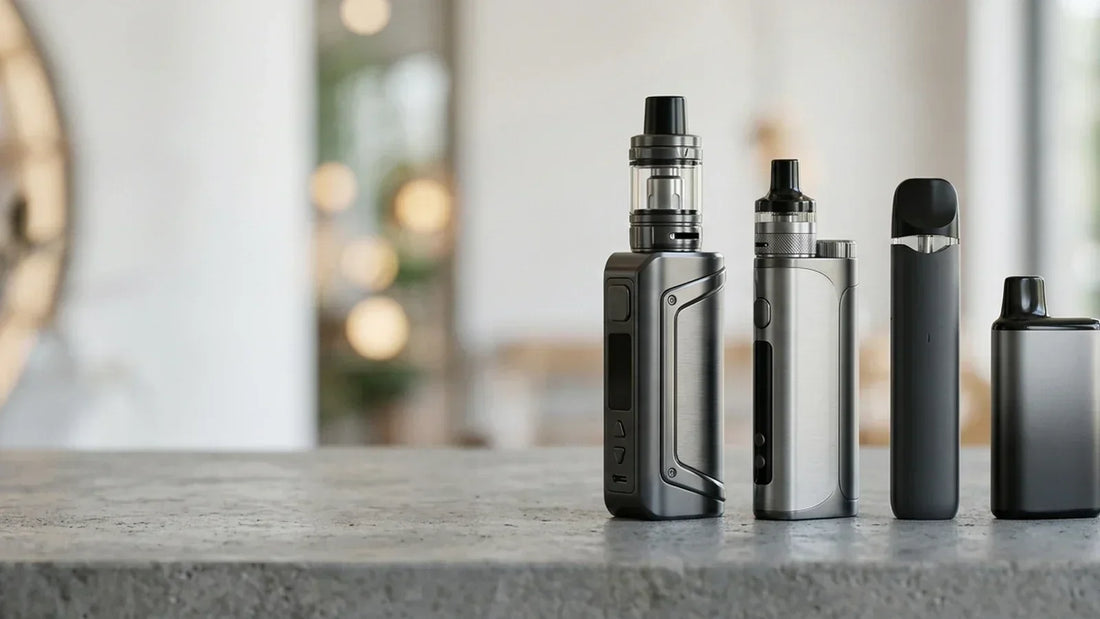 Four vape devices, from box mods to slim pods, lined up on a stone counter for the ALLO buying guide