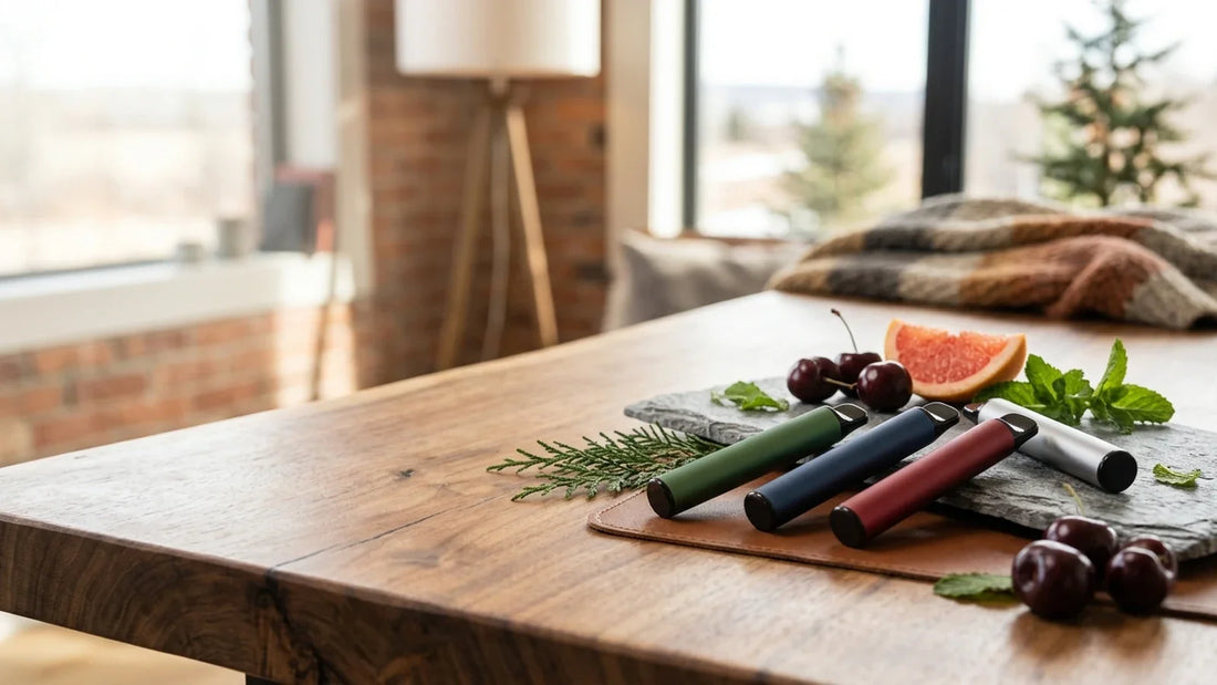 Four Sniper disposable vapes on a wooden table