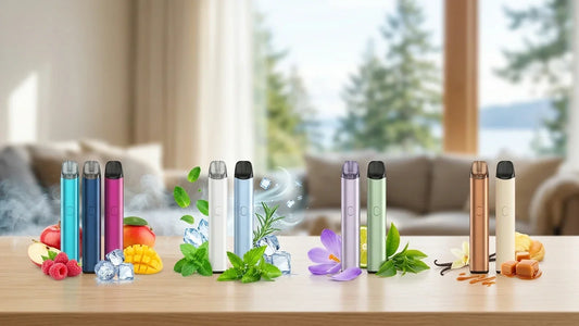 Illustration of colourful disposable vapes lined up with fruit, mint leaves and flowers on a wooden table