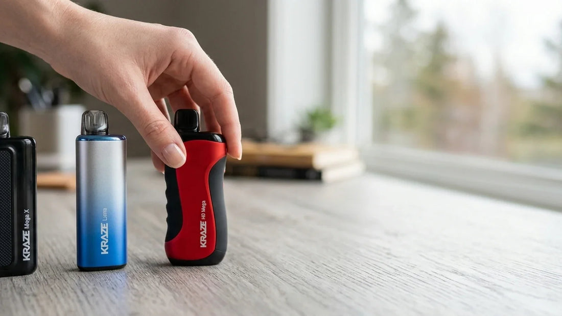 Right: Red and black vape labeled