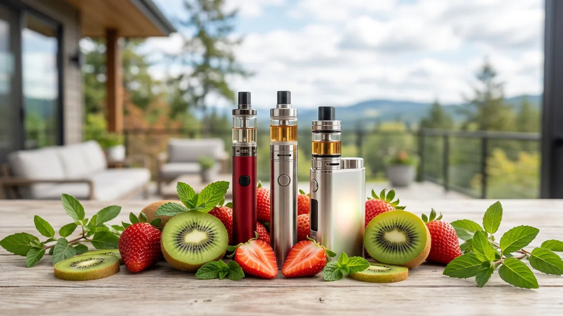 Three metallic vape pens stand on a patio table surrounded by fresh strawberries, sliced kiwi, and mint leaves.