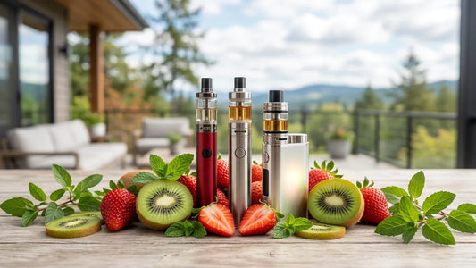 Three metallic vape pens stand on a patio table surrounded by fresh strawberries, sliced kiwi, and mint leaves.