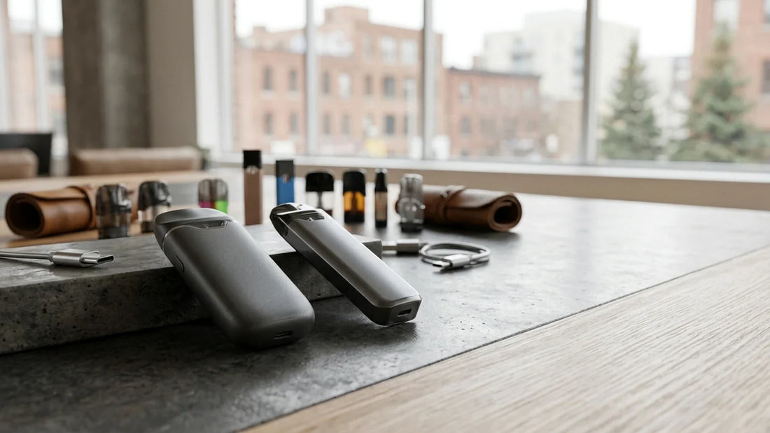 Two sleek grey vape pod systems rest on a stone surface in a bright room, showcasing modern Canadian vaping technology.