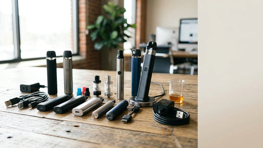 Various rechargeable vape pens, USB charging cables, and power adapters arranged on a rustic wooden table in an office.