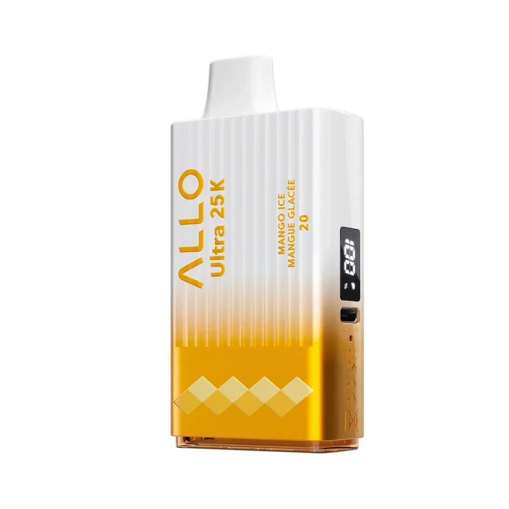 An ALLO Ultra 25K disposable vape in Mango Ice featuring a white and yellow gradient ribbed body with a digital display screen and USB-C charging port.