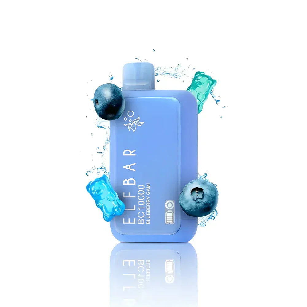 A light blue ELFBAR BC10000 Blueberry Gami disposable vape device surrounded by splashing water, fresh blueberries, and blue gummy bears against a white background.