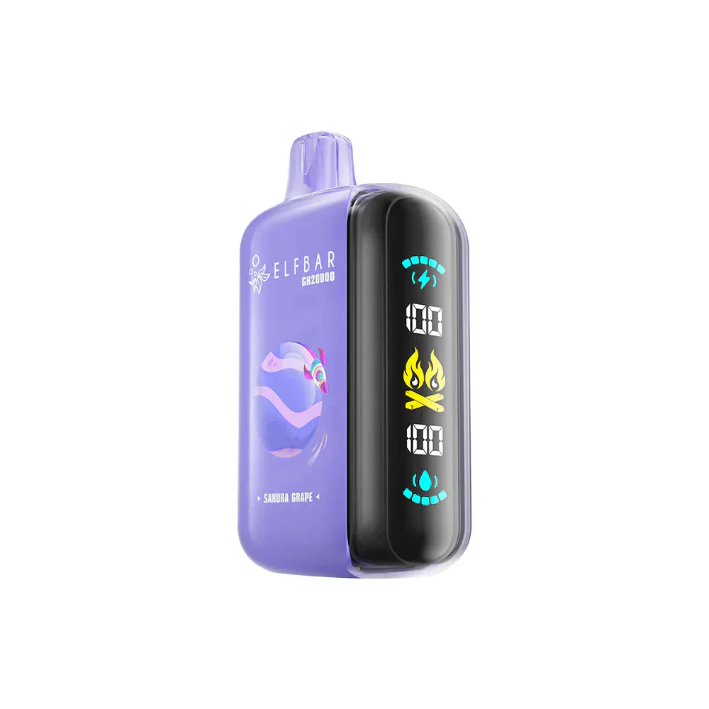 A purple ELFBAR GH20000 disposable vape featuring a digital side display with battery and e-liquid indicators, labeled Sakura Grape with a rocket and planet graphic.