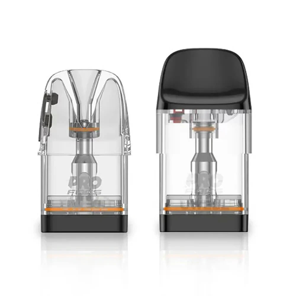 Two clear plastic replacement pods with black bases and orange accents featuring the Pro Pods logo on a white background.