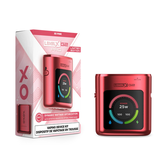 Level X Pro G2 device kit in XO Pink limited edition shown next to its matching branded packaging, featuring a metallic red finish and a digital display screen indicating 25W power.