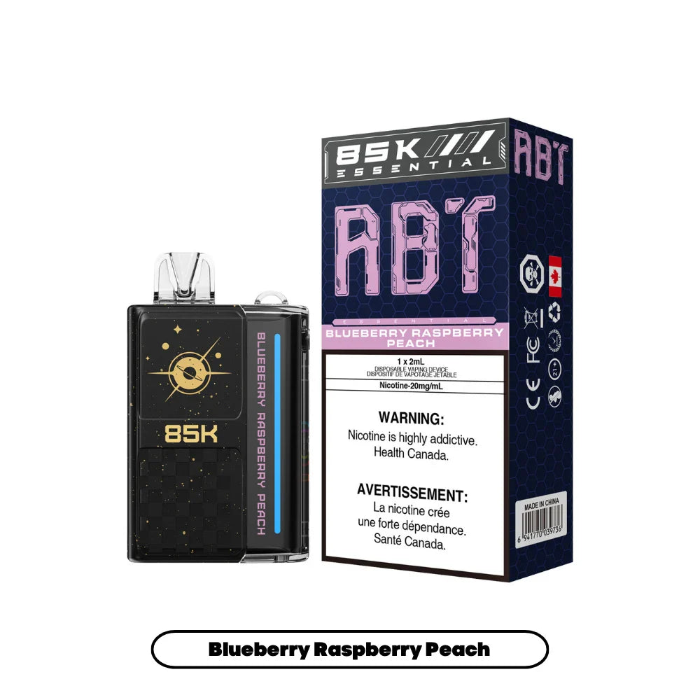 ABT 85K Blueberry Raspberry Peach disposable vape device and its matching purple and black hexagonal patterned packaging featuring a health warning label.