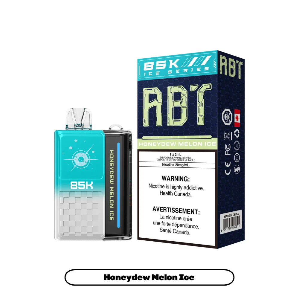 ABT 85K Honeydew Melon Ice disposable vape device featuring a teal and white gradient body with a planet graphic, shown next to its dark blue and teal honeycomb-patterned packaging.