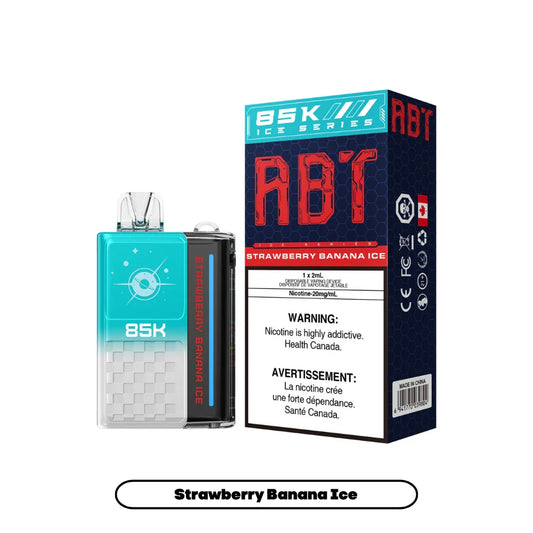 ABT 85K Strawberry Banana Ice disposable vape device featuring a teal and white gradient body with a planet graphic next to its blue and black honeycomb patterned packaging.