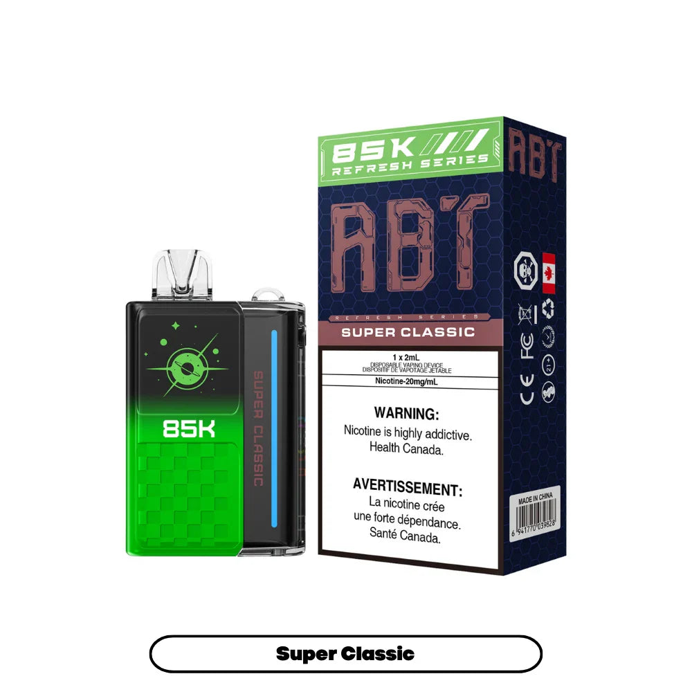 ABT 85K Super Classic disposable vape device featuring a green and black gradient design with a planet graphic next to its branded packaging box.