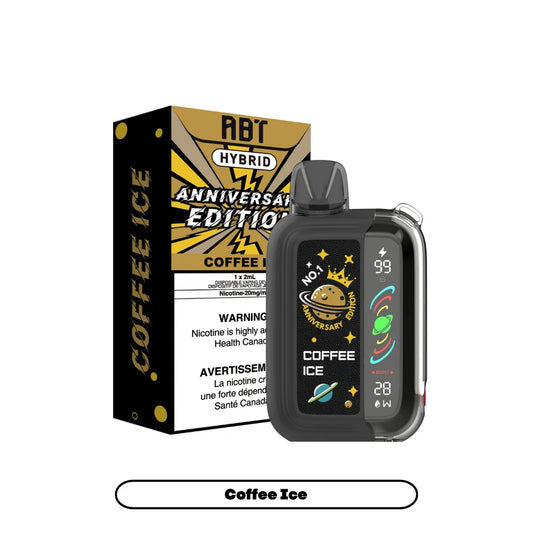 An ABT Hybrid Anniversary Edition Coffee Ice disposable vape device stands next to its black and gold packaging box, featuring a digital display screen and a planet-themed design on a white background.