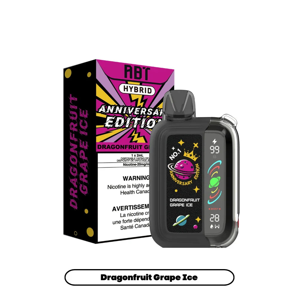 ABT Hybrid Anniversary Edition Dragonfruit Grape Ice disposable vape featuring a black device with a digital display screen next to its vibrant purple and yellow themed packaging.