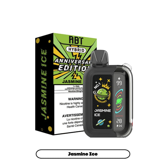 An ABT Hybrid Anniversary Edition disposable vape device in Jasmine Ice flavor stands next to its matching green and black retail packaging, featuring a digital display screen showing a 99 percent battery level and 28 watts power setting.