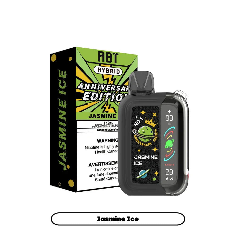 ABT Hybrid Anniversary Edition Jasmine Ice disposable vape device featuring a black and clear casing with a digital display next to its green and black themed packaging.