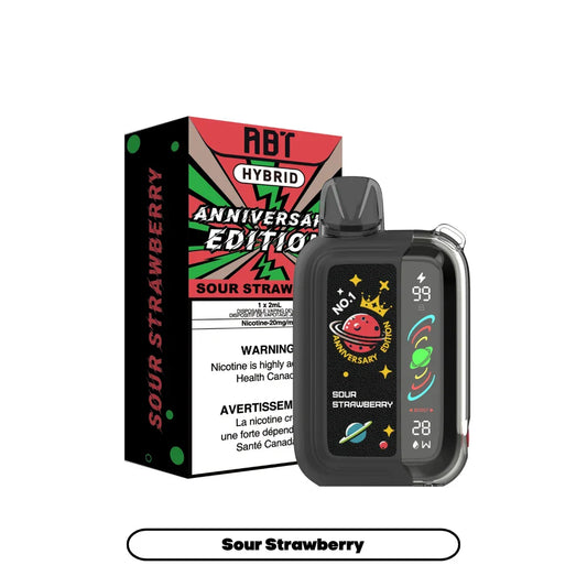 ABT Hybrid Anniversary Edition Sour Strawberry disposable vape device featuring a digital display screen and space-themed graphics next to its red, green, and black retail packaging.