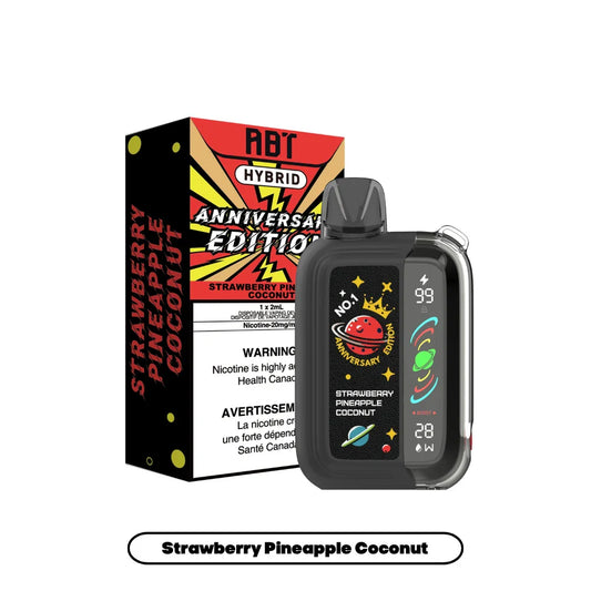 ABT Hybrid Anniversary Edition Strawberry Pineapple Coconut disposable vape device with a digital display screen next to its red, yellow, and black comic-style packaging.