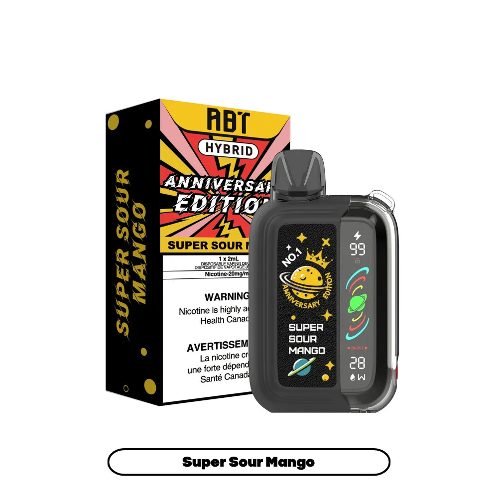 ABT Hybrid Anniversary Edition Super Sour Mango disposable vape device featuring a black textured body with a digital display screen next to its yellow and black comic-style packaging.