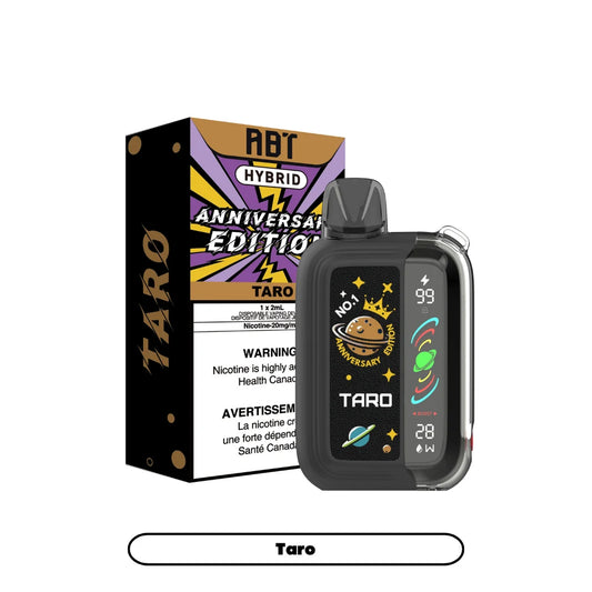 ABT Hybrid Anniversary Edition Taro disposable vape device shown next to its black, yellow, and purple retail packaging, featuring a digital display screen with planet graphics and a 28W power setting.