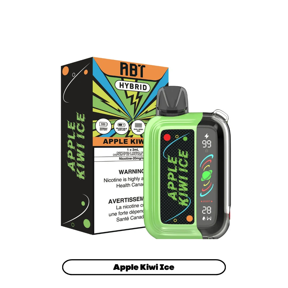 ABT Hybrid Apple Kiwi Ice disposable vape featuring a lime green and black device with a digital display screen next to its colorful branded packaging.