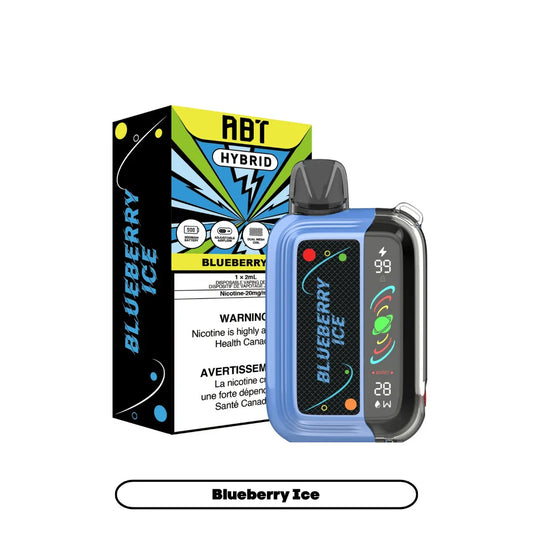 ABT Hybrid Blueberry Ice disposable vape device featuring a blue and black chassis with a digital display screen next to its colorful branded packaging on a white background.