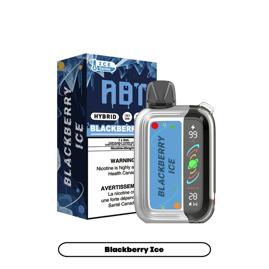 An ABT Hybrid Blackberry Ice disposable vape device stands next to its matching blue and white packaging, featuring a digital display screen showing 99 percent battery and 28 watts on a clear, metallic-trimmed body.