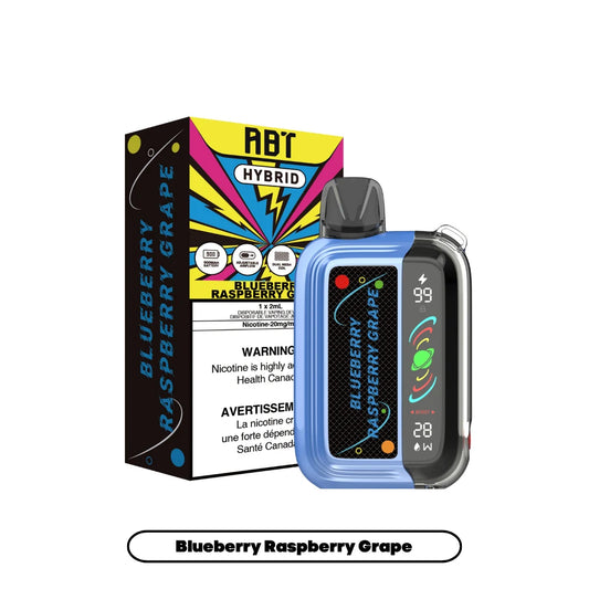 ABT Hybrid Blueberry Raspberry Grape disposable vape device shown next to its colorful branded packaging featuring a 900mAh battery, adjustable airflow, and dual mesh coil icons, with the device display showing a 99 percent battery level and 28W power setting.