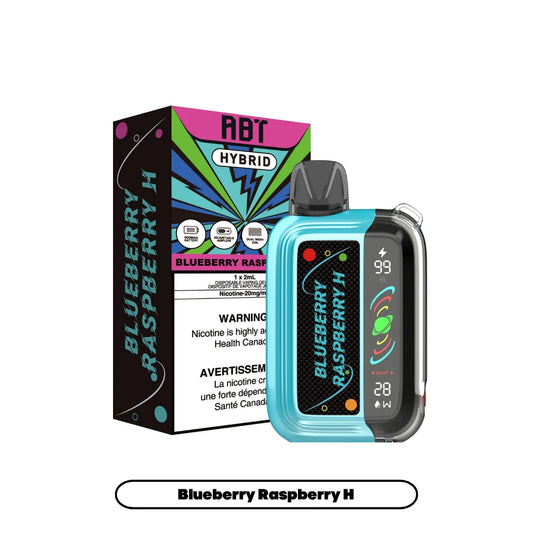 An ABT Hybrid disposable vape device in light blue and black stands next to its matching product box, both labeled Blueberry Raspberry H, against a plain white background.