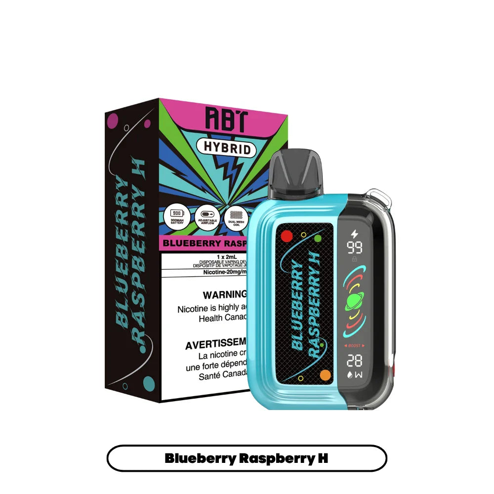 ABT Hybrid Blueberry Raspberry H disposable vape device with a light blue and black shell featuring a digital display screen, positioned next to its colorful branded packaging on a white background.