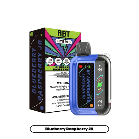 An ABT Hybrid Blueberry Raspberry JR disposable vape device sits next to its matching black and neon-colored product box, featuring a digital display screen showing a 99 percent battery level and 28 watt power setting against a blue and transparent plastic casing.