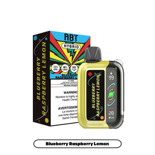 An ABT Hybrid disposable vape device in yellow and black sits next to its matching retail box, both featuring the Blueberry Raspberry Lemon flavor name and a vibrant, comic-book-style graphic design with a digital display screen showing battery and wattage levels.