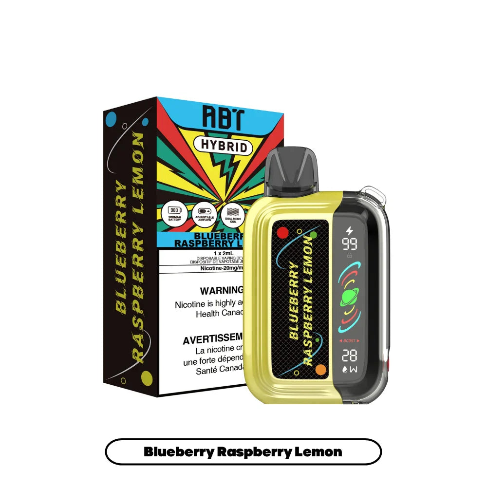 ABT Hybrid Blueberry Raspberry Lemon disposable vape device featuring a yellow and black translucent shell with a digital display next to its colorful branded packaging.