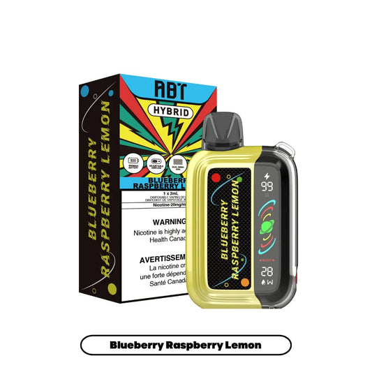 ABT Hybrid Blueberry Raspberry Lemon disposable vape device featuring a yellow and black translucent shell with a digital display next to its colorful branded packaging.