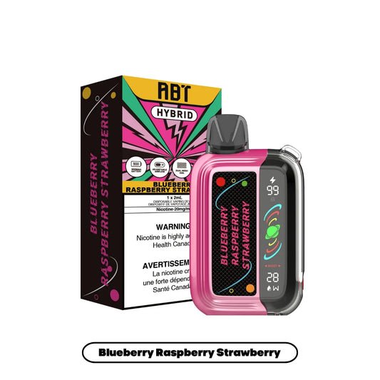 An ABT Hybrid Blueberry Raspberry Strawberry disposable vape device in pink and black sits next to its matching product packaging, which displays a 900mAh battery icon, adjustable airflow, and dual mesh coil specifications.