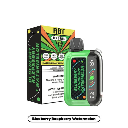 ABT Hybrid Blueberry Raspberry Watermelon disposable vape device with a green and black body featuring a digital display screen next to its colorful branded packaging.