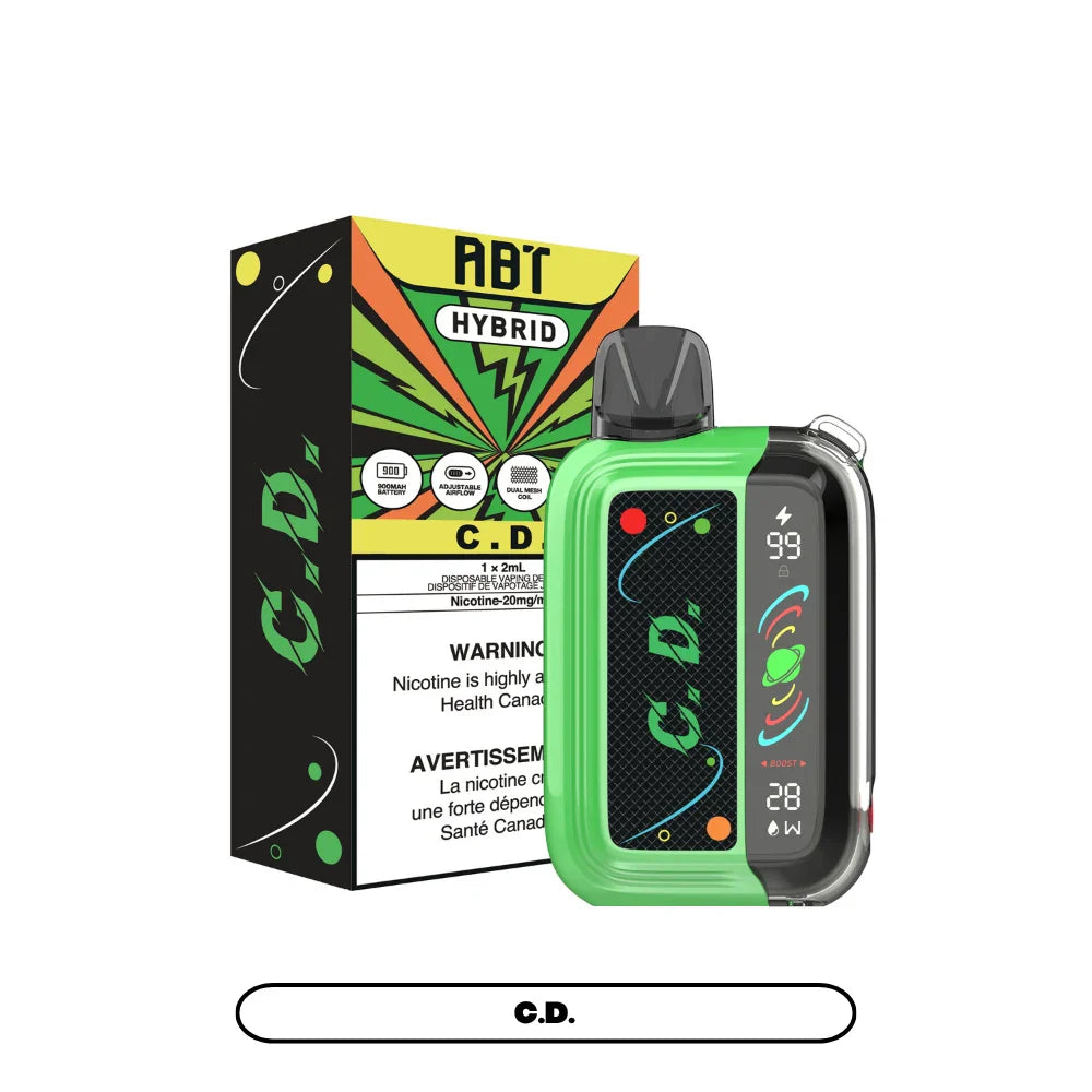 ABT Hybrid C.D. disposable vape featuring a bright green and black device with a digital display screen next to its colorful retail packaging.