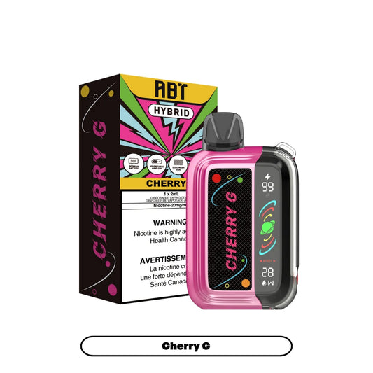An ABT Hybrid Cherry G disposable vape device in pink and black sits next to its matching product box, which features a vibrant graphic design and displays technical specifications like a 900mAh battery and dual mesh coil.