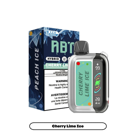 An ABT Hybrid Cherry Lime Ice disposable vape device stands next to its matching blue and white product box, featuring a digital display screen showing a 99 percent battery level and 28 watts power setting.