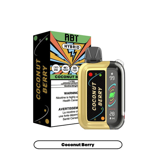An ABT Hybrid Coconut Berry disposable vape device positioned next to its matching product box, featuring a gold and black color scheme, a digital display showing battery and wattage levels, and a clear mouthpiece against a white background.